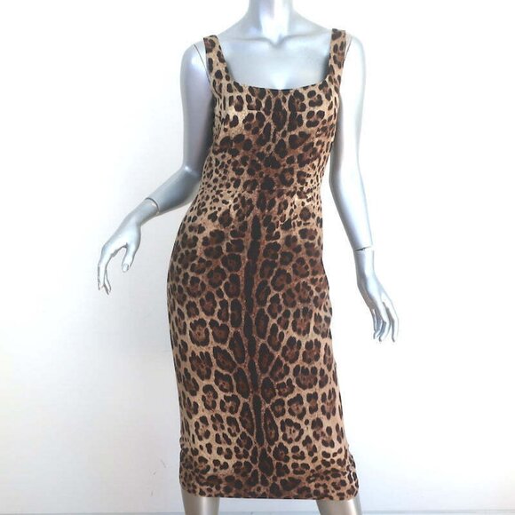 Dolce & Gabbana Leopard Print Sleeveless Midi Dress Brown Silk Size 42 - Picture 1 of 7